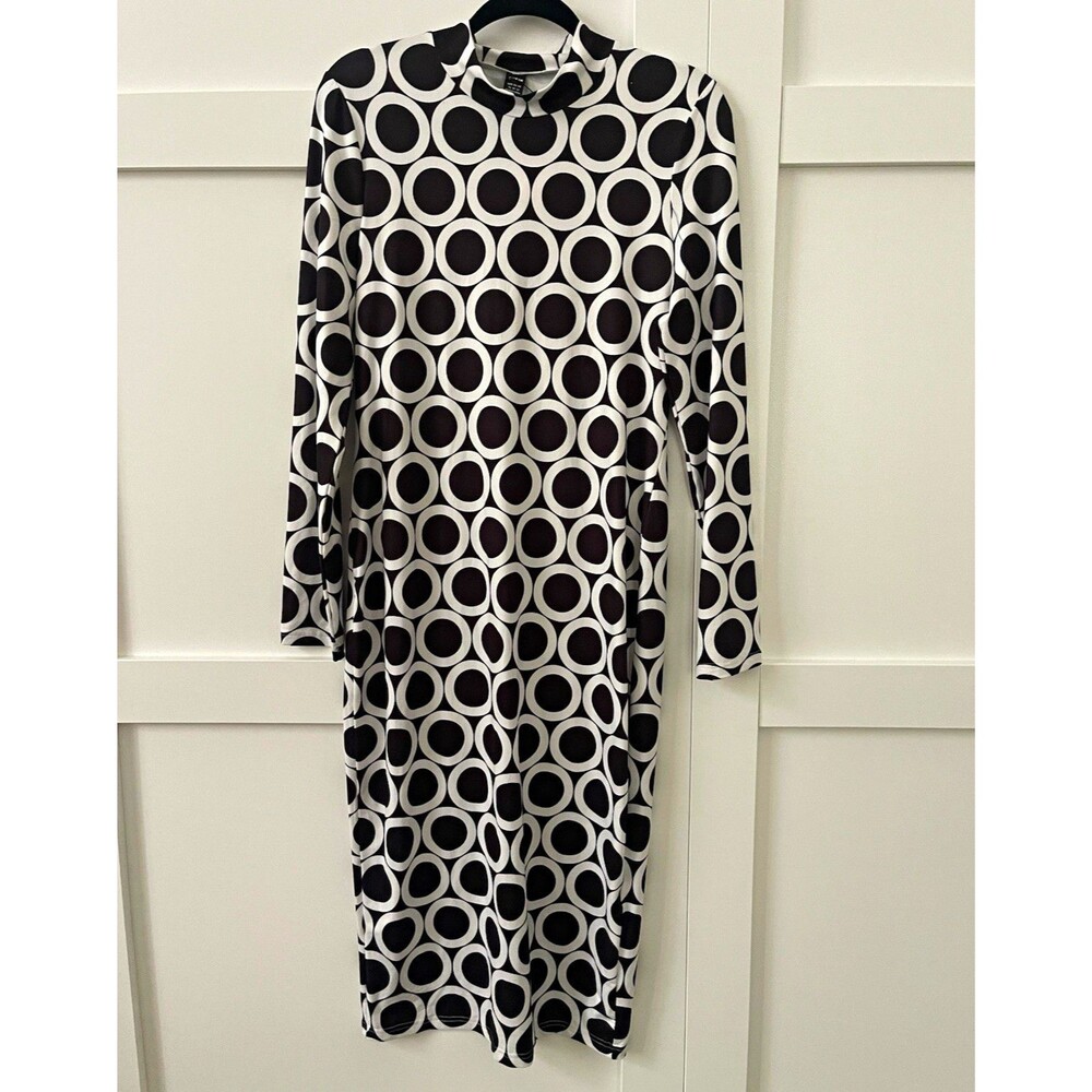 SHEIN XL Black/White Geometric Circle Mock Neck Long Sleeve Midi Shift Dress- XL